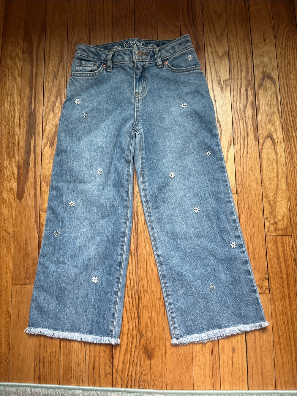 Cat & Jack Light Blue Wide-Leg Jeans with White Floral Embroidery